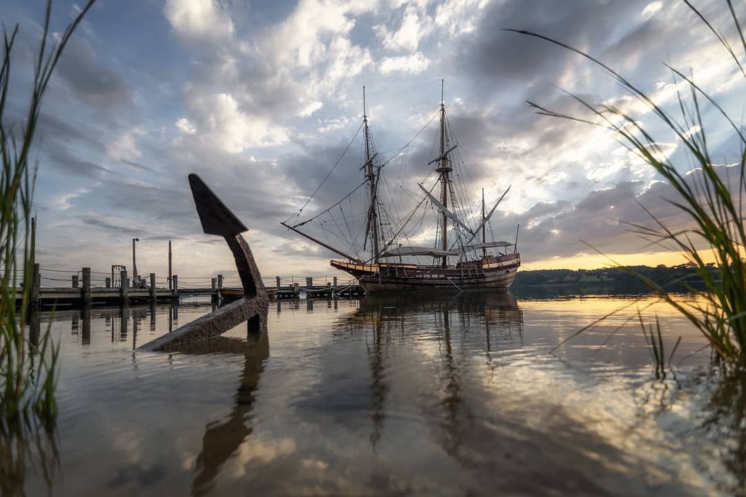 The Maryland Dove sits anchored in St. Mary's City