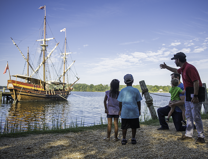Children viewing ship