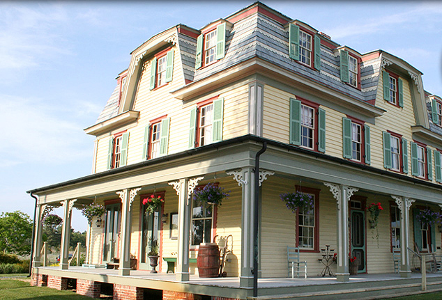 brightly painted Victorian hotel