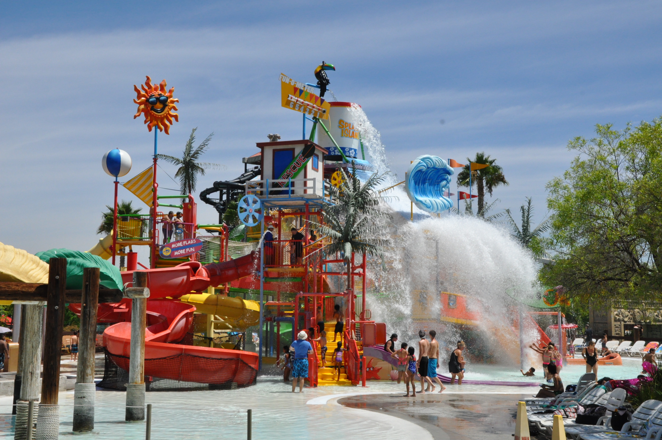 Splashwater Falls at Six Flags America is a multi-level play structure with more than one hundred features