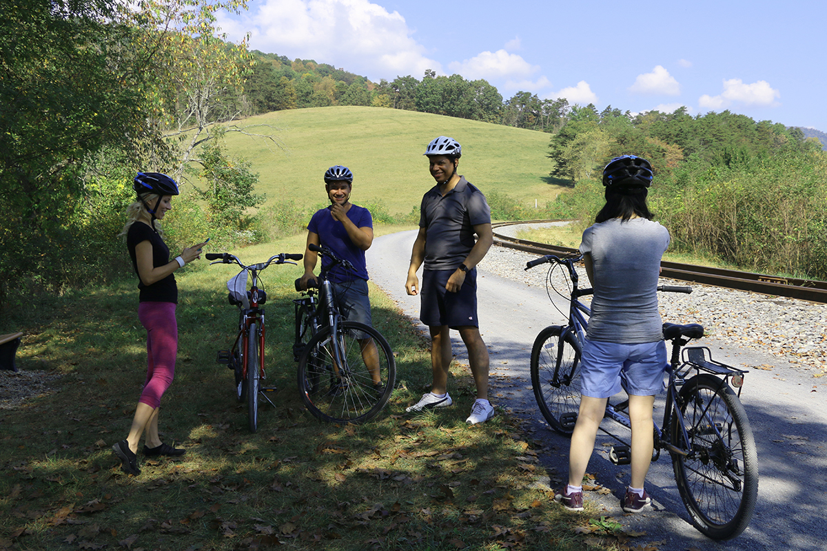 Bikers taking a break on the GAP Rail Trail