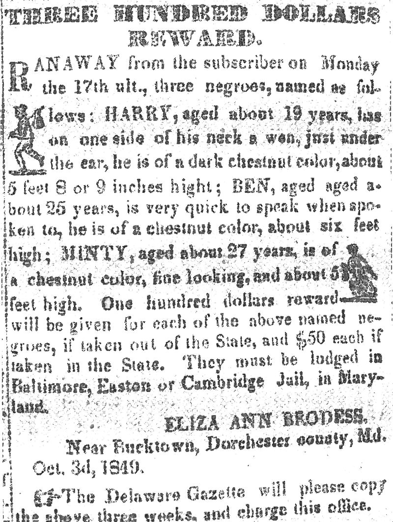 Notice published in the Cambridge Democrat (1849), offering a reward for the return of Harriet Tubman and her two brothers