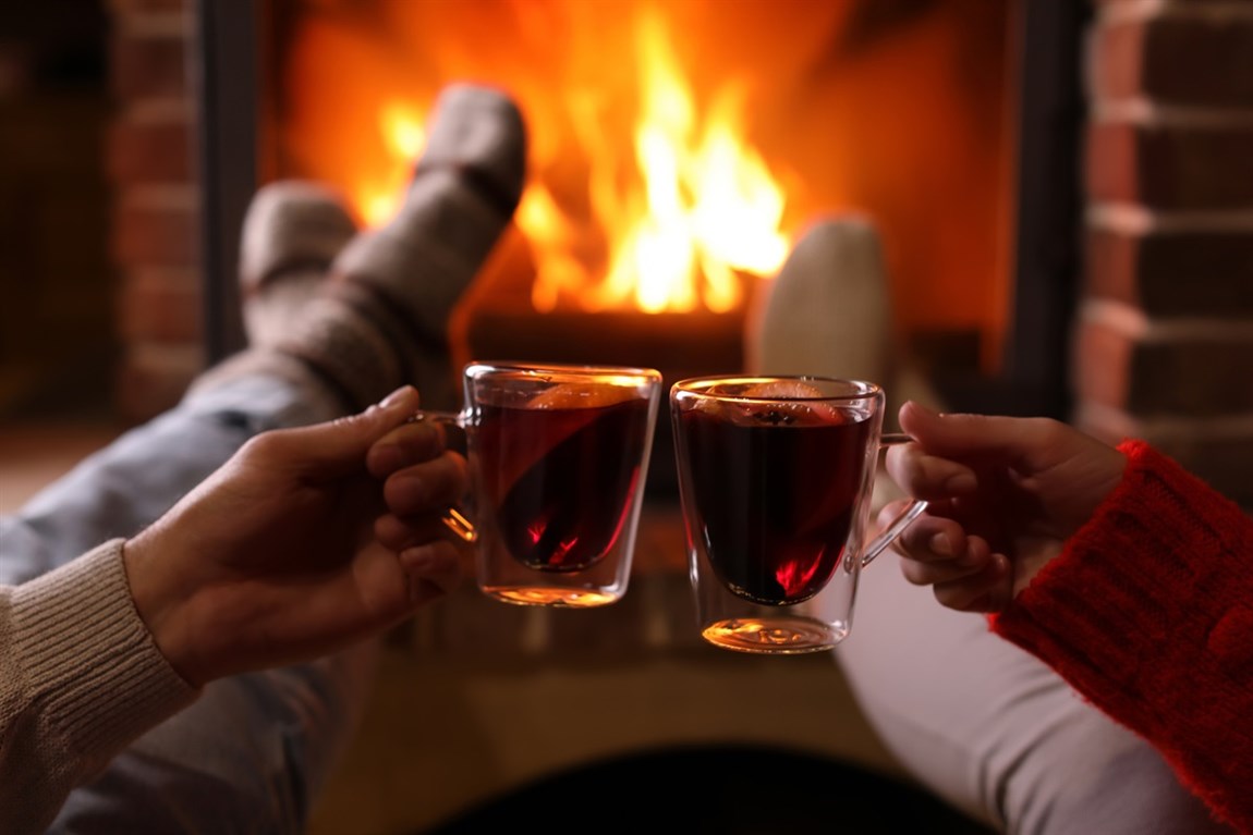 Couple in sitting in front of a fire toasting Photo