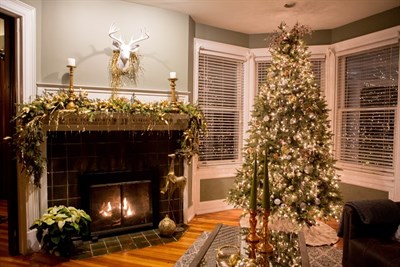 Inside one of the homes from a previous year on the tour. There is a fireplace and Christmas tree Photo