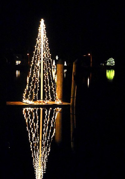Christmas trees lit on all the docks along Town Creek, Oxford, Md. Photo