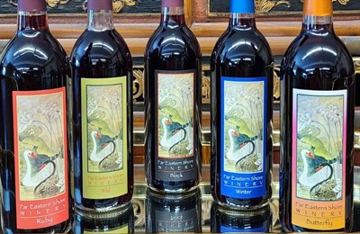 Five bottles of different flavored wines from Far Eastern Shore Winery Photo