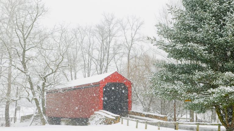 Loy's Station Covered bridge in Frederick on a snowy day