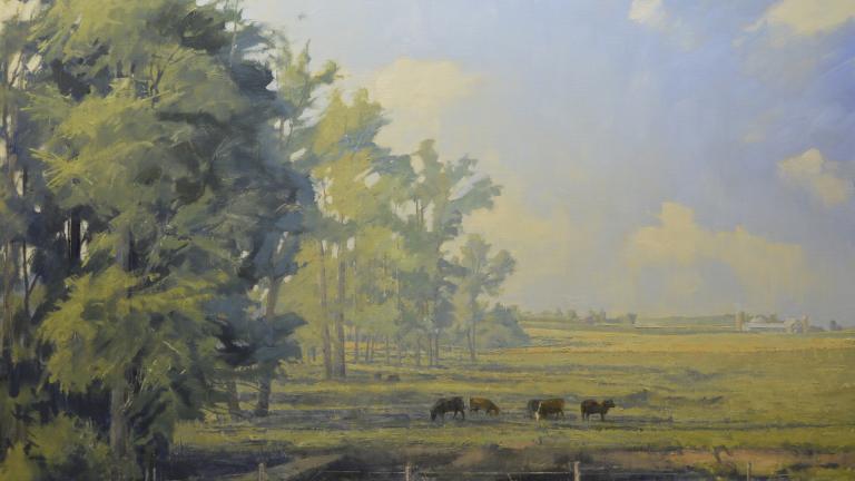 landscape oil painting of field with cows by Henry Coe 