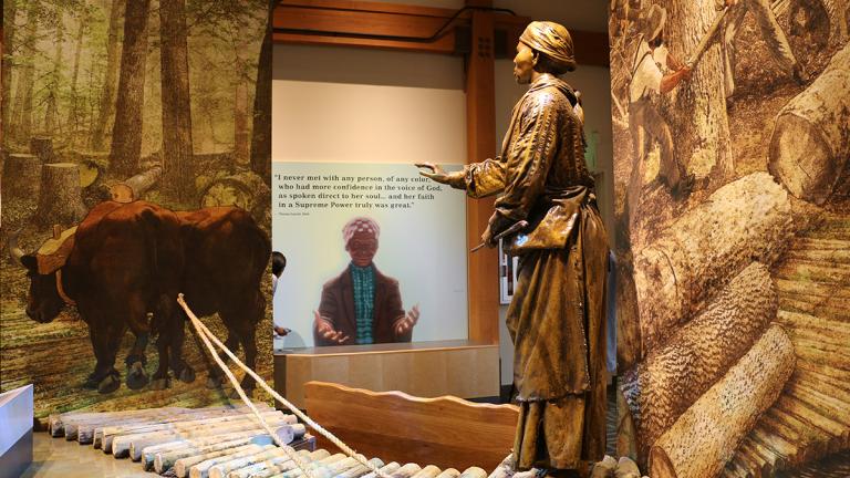 The Harriet Tubman Underground Railroad Visitor Center depicts Tubman’s work hauling lumber to port at Madison.