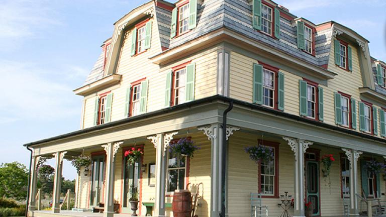 brightly painted Victorian hotel