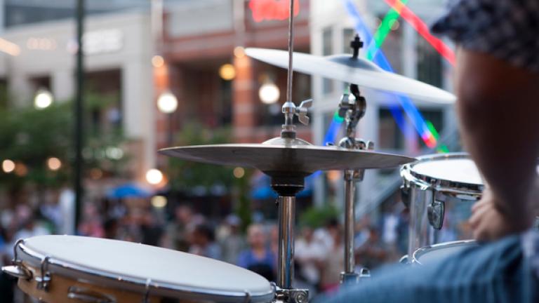 view of crowd through drum kit