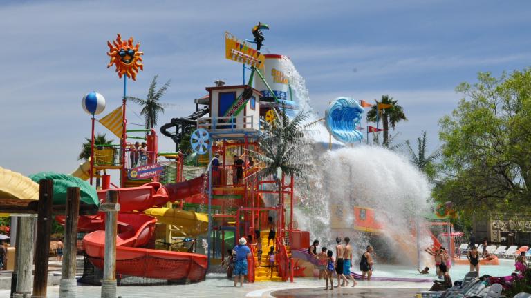 Splashwater Falls at Six Flags America is a multi-level play structure with more than one hundred features