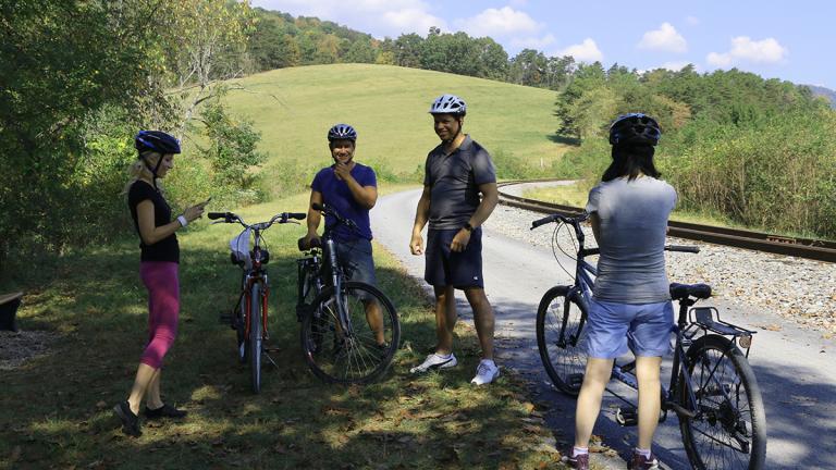 Bikers taking a break on the GAP Rail Trail