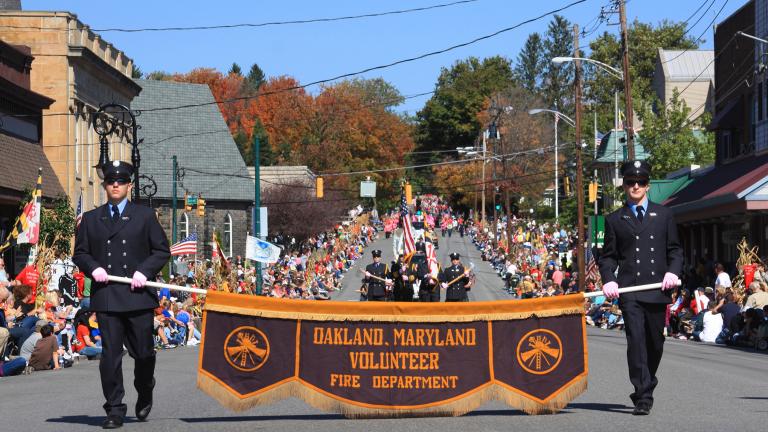 Oakland  Volunteer Fire Department walks in the Garrett County Autumn Glory Parade