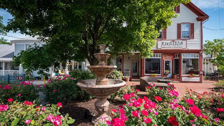 fountain, flowers and shops