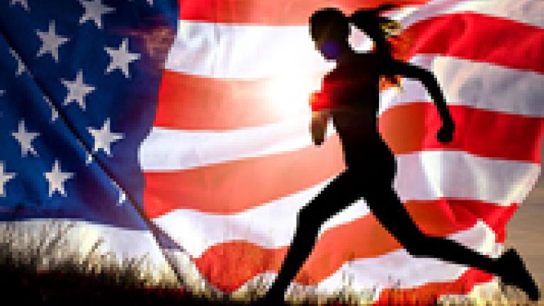 A picture of an American Flag and a female runner in a black sillouette.