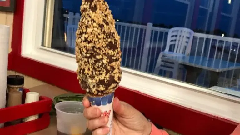 A customer holds up the famous Nutty Buddy Dessert Cone