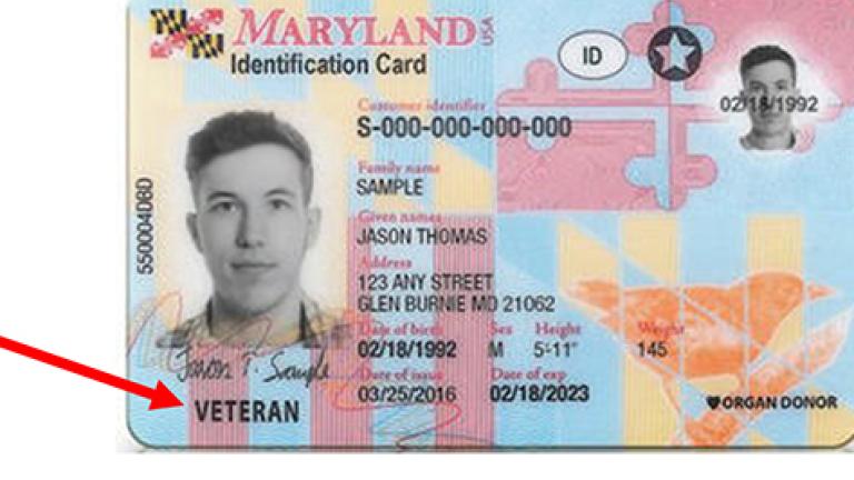 Sample of Maryland Driver's License with Veteran designation