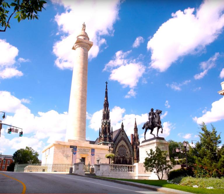 The Washington Moument at Mt. Vernon Place was the first major monument to honor George Washington. The squares and the monument have recently been restored, and in the base of the monument are interactive digital exhibits and a stairway to the top.