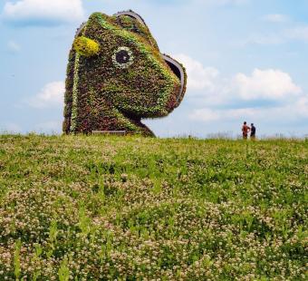 Split Rocker sculpture in full glory on the crest of a clover-covered hill.