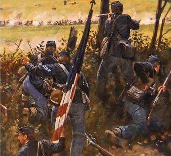 A painted mural of civil war soldiers participating in the Attack on Washington