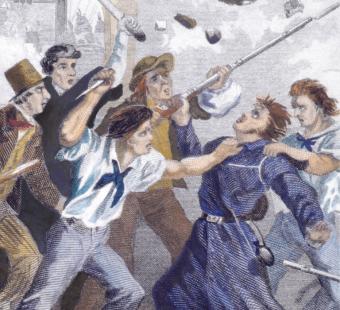 A painting of people fighting hand-to-hand in a struggle that depicts Baltimore A House Divided