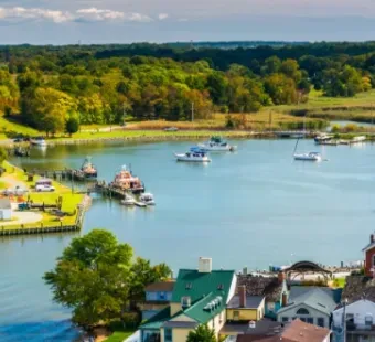 An aerial view of a marina and boats in the water