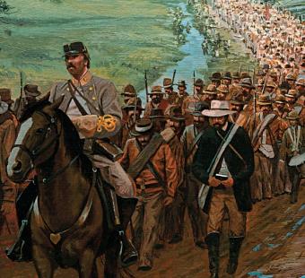 A painting of soldiers marching as a part of the Gettysburg invasion and retreat