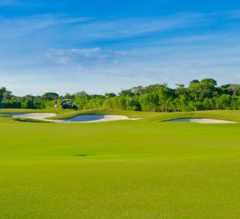 A view of the green grass of a fairway on a golf course with sand traps in the distance below a beautiful blue sky
