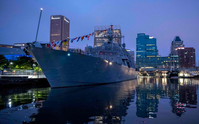 Naval ship docked in the Inner Harbor