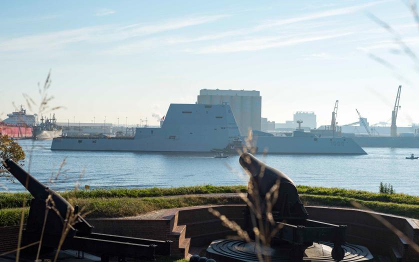 Naval ship cruising past Ft. McHenry