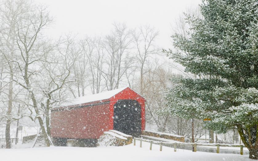 Loy's Station Covered bridge in Frederick on a snowy day