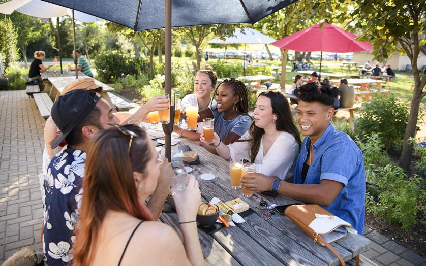 Friends enjoying drinks and food together.