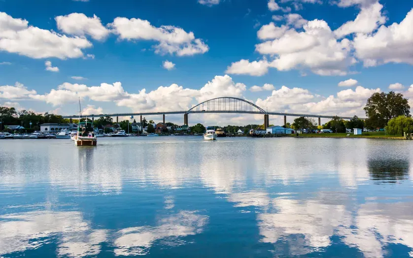 The Chesapeake City Bridge crosses over the C&amp;D Canal and provides views of the city below.