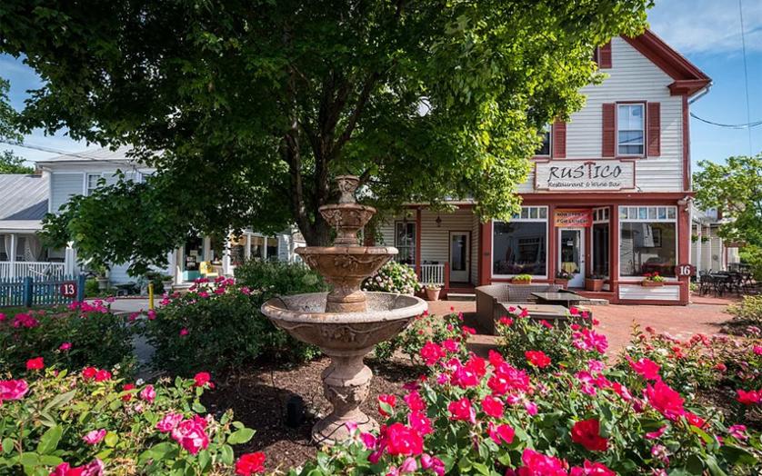 fountain, flowers and shops