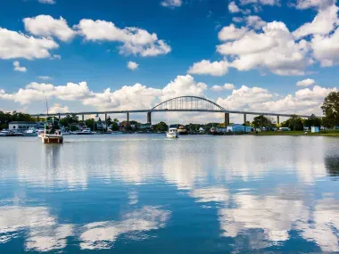 The Chesapeake City Bridge crosses over the C&amp;D Canal and provides views of the city below.