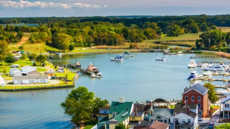An aerial view of a marina and boats in the water