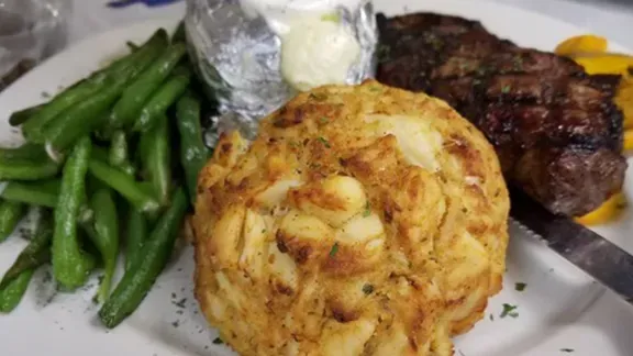 Crabcake, Steak, and Green Beans from RockSalt Grille