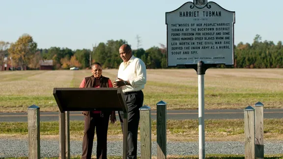 A marker designates Edward Brodess Farm—a property along Greenbrier Road near Blackwater Refuge that is historically recognized as Harriet Tubman's childhood home.