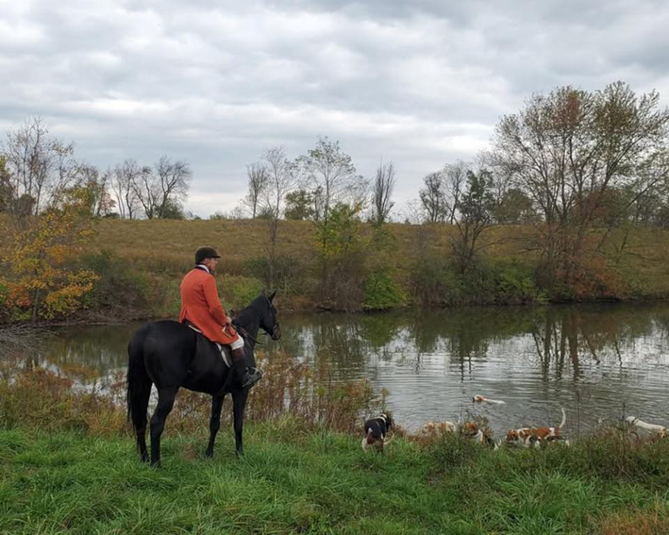 Ben and hounds by the pond