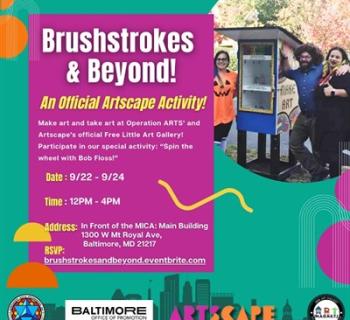 Art workshop event flyer with Operation Arts members posing with Bob Floss.  Photo