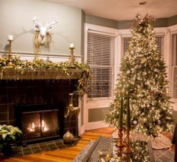 Inside one of the homes from a previous year on the tour. There is a fireplace and Christmas tree Photo