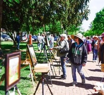Painters and visitors view the RiverArts Paint the Town Quick Draw competition entries.  Photo