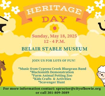 Yellow flyer with text saying Heritage Day with a horse and sheep on grass. Photo