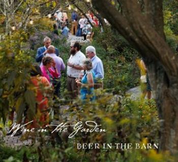 Party-goers mingle in the garden.  Photo