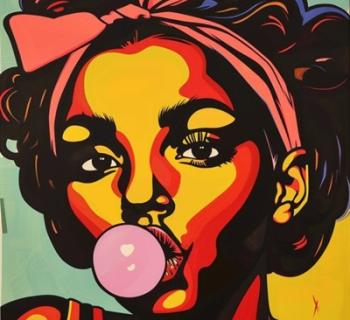 colorful artwork of a person with pink bubble gum in their mouth Photo