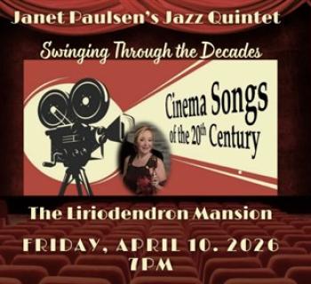 An old-fashioned movie projector and a photo of singer Janet Paulsen. Photo