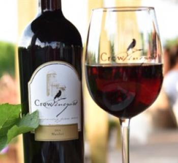 A picture of a bottle of wine and a glass half filled with red wine from Crow Vineyard.. Photo