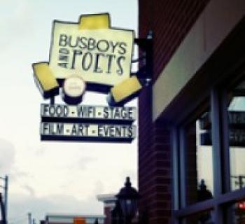 Busboys and Poets sign hangs over the Hyattsville Arts District. Photo