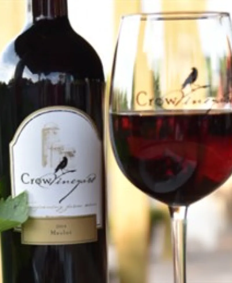 A picture of a bottle of wine and a glass half filled with red wine from Crow Vineyard.. Photo